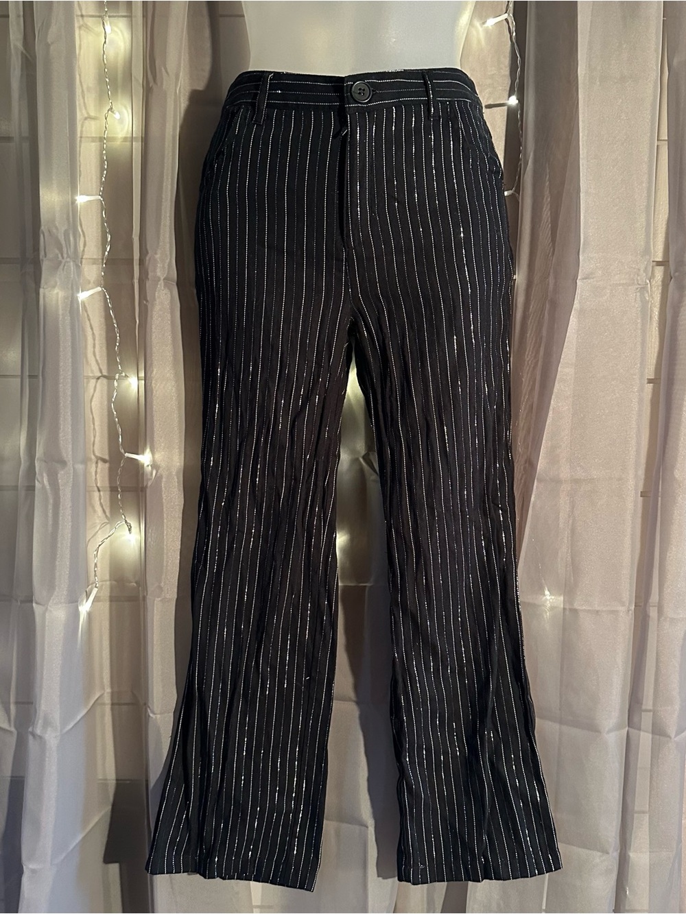 Vintage girls black and silver pinstripe pants cotton blend Sz 10/12